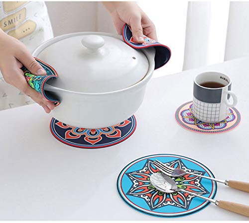 Heat Resistant Silicone Hot Pot Pads - 6.9 Inch Round Kitchen Trivets for Dining Table, Cooking & Serving - Set of 2 (Blue & Pink) - Perfect for Hot Dishes, Pots, Pans & Protecting Countertops