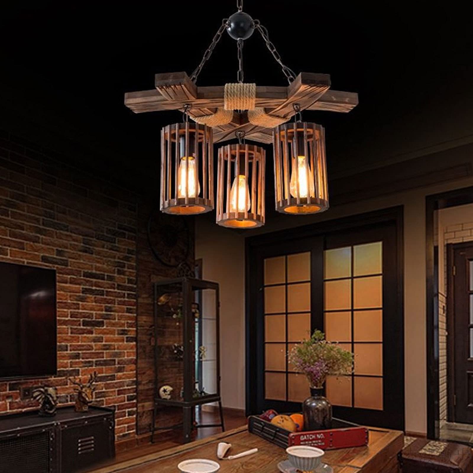 Vintage Industrial Wooden Chandelier - 3-Light Farmhouse Pendant Light with Adjustable Hemp Rope & Chain - Rustic Loft Lantern for Coffee Shops, Restaurants, and Home Decor