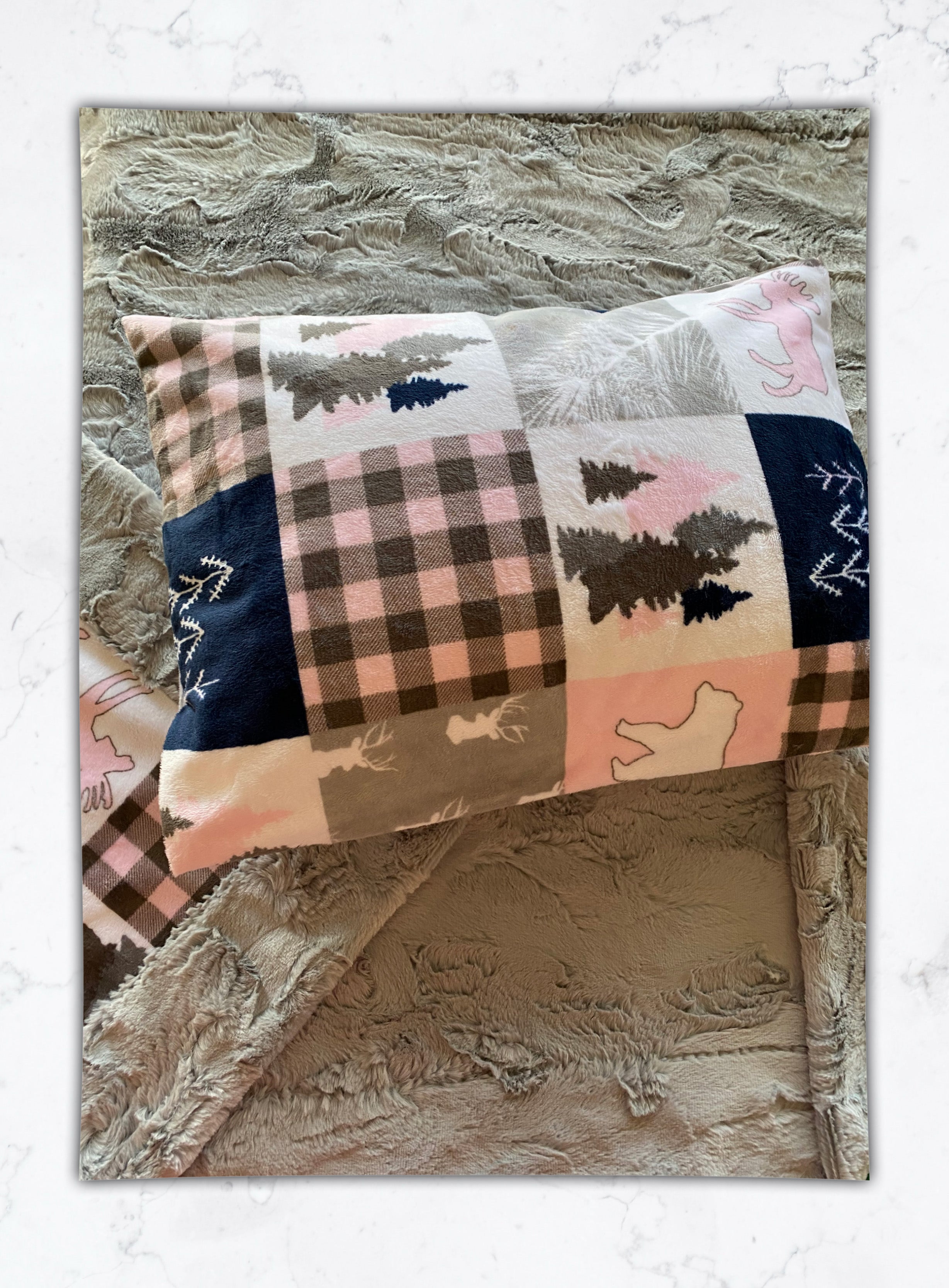 Blush Pink Cabin Quilt with Silver Hide & Pillowcase - 13x18 for 12x18 Pillow - Soft Minky Baby Blanket 34x40 - Perfect for Nursery, Crib, and Cozy Bedroom Decor