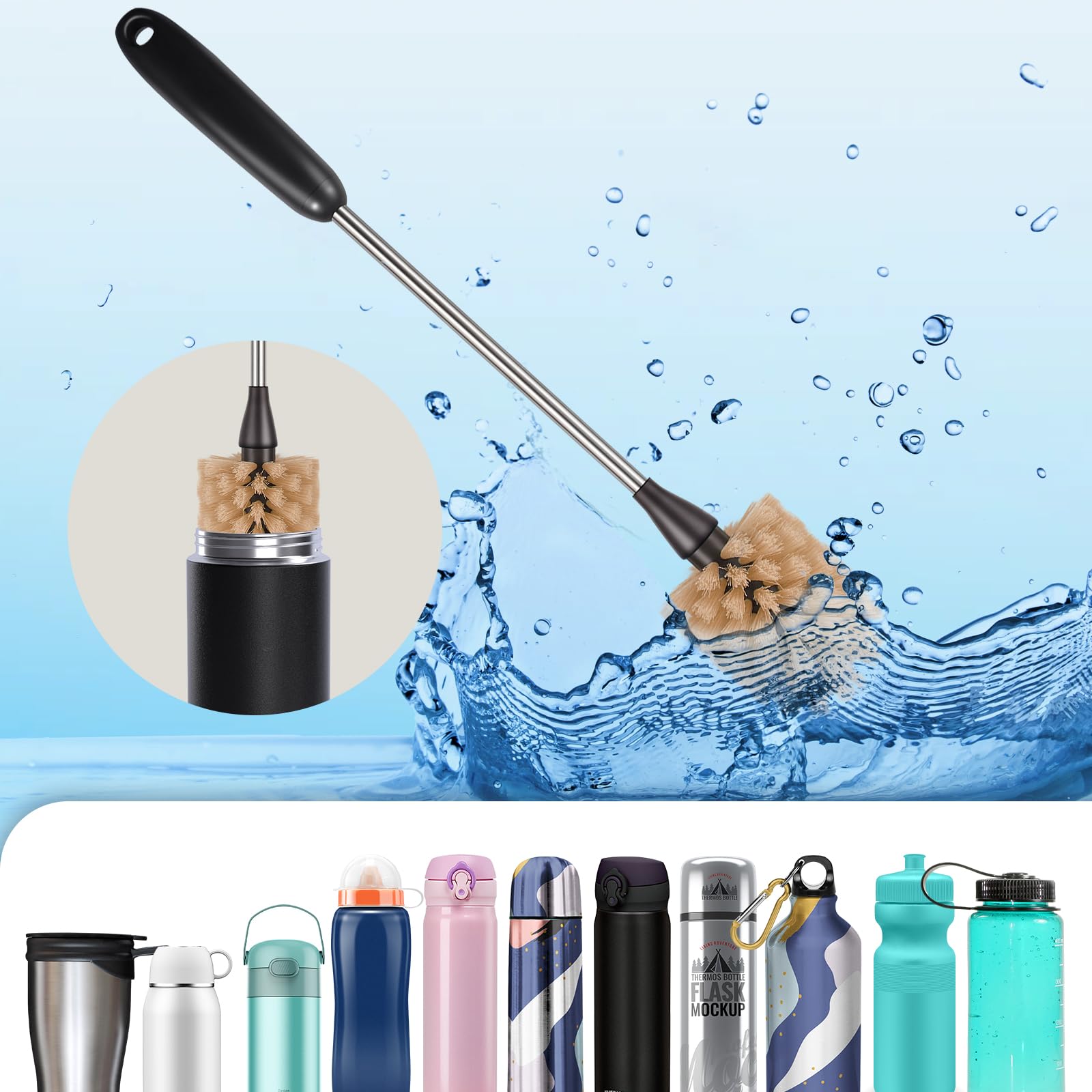 Stainless Steel Long Handle Water Bottle Brush - Flexible Scrubbing Brush for Cleaning Bottles, Baby Bottles, Glassware, Food Jars, Sports & Sobriety Jugs (15 Inch) - Perfect for Kitchen, Baby Care & Outdoor Activities