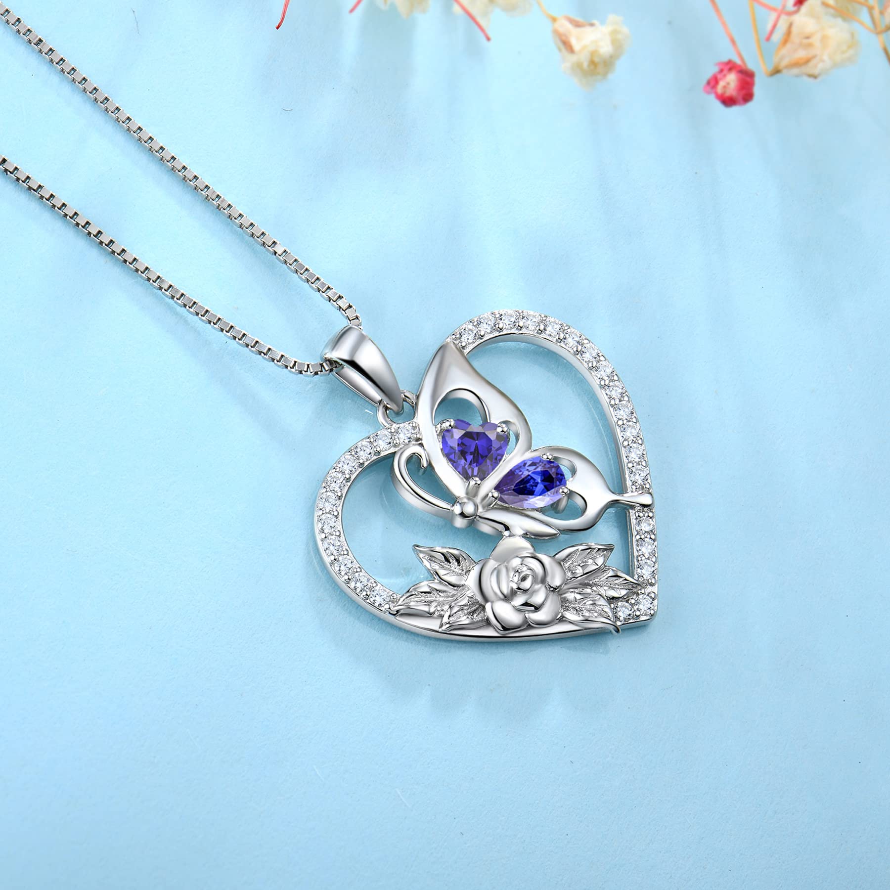 YL Women's Butterfly Necklace - 925 Sterling Silver Flower Rose Pendant with Birthstone Halo | Elegant Jewelry for Birthdays, Anniversaries & Special Occasions