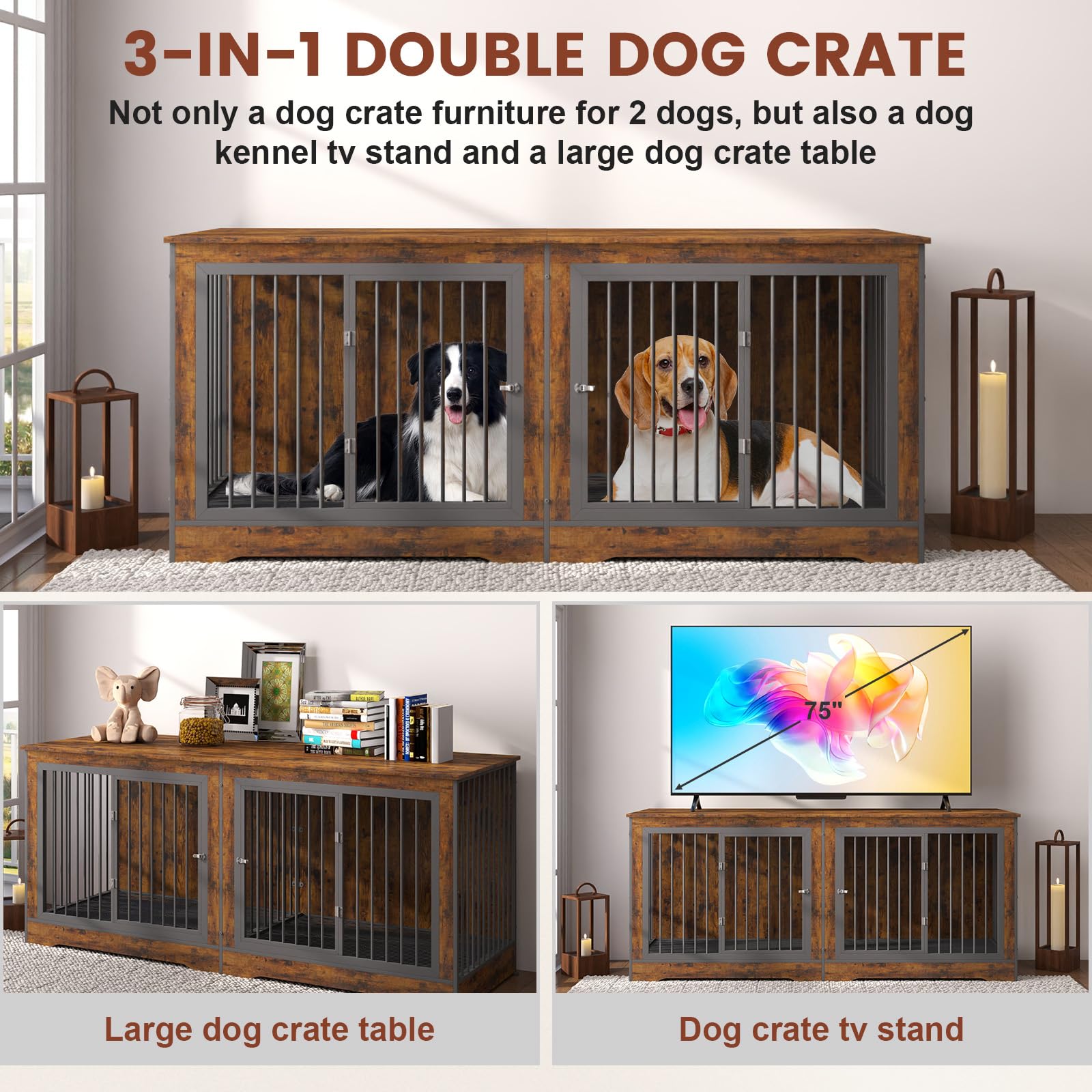 75 Inch 3-in-1 Double Dog Crate Furniture for 2 Large Dogs - Rustic Brown Durable TV Stand with Removable Trays & Divider - Perfect for Living Room, Bedroom or Home Office Pet Space