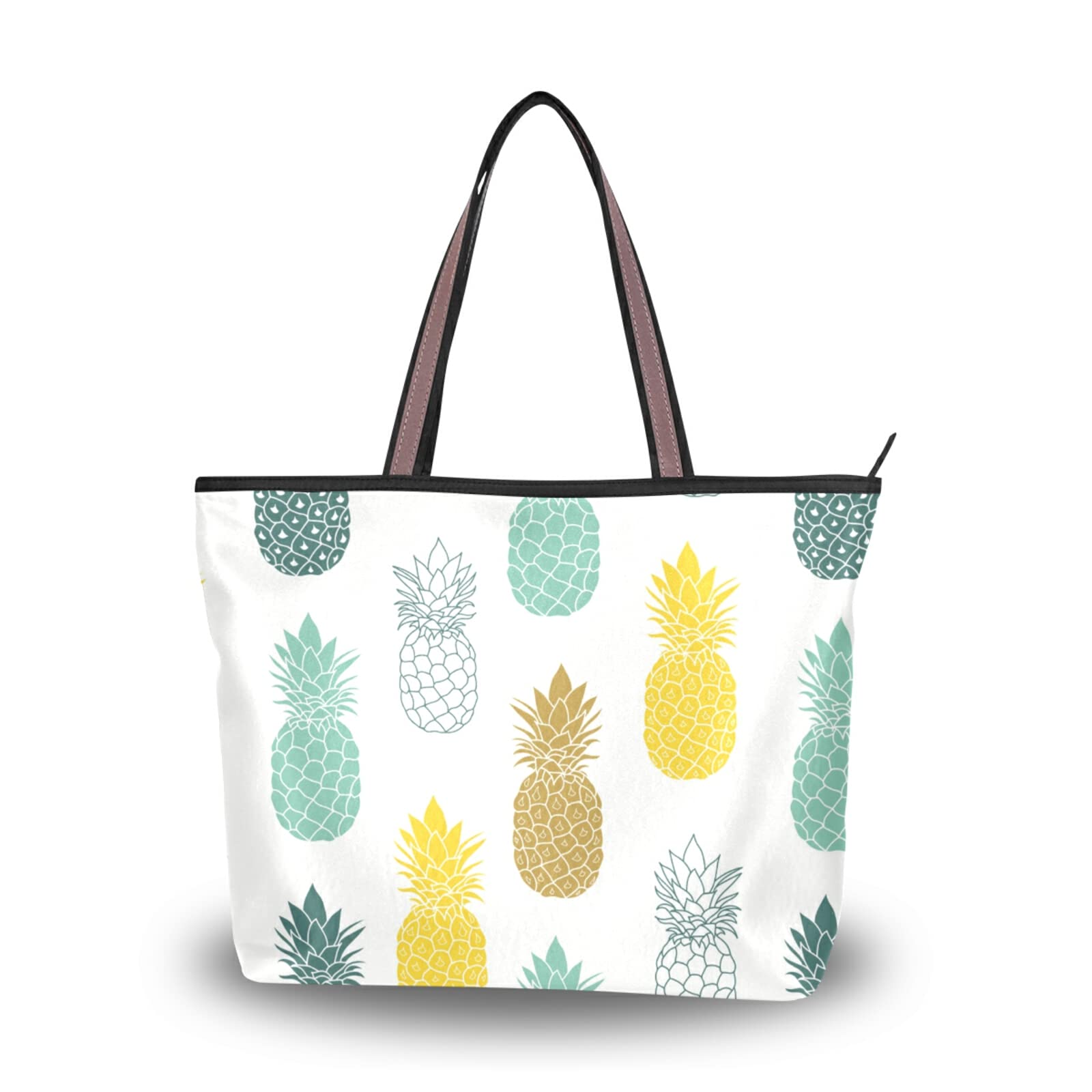 Stylish Pineapple Print Tote Bag for Women - Large Zippered Grocery Bag with 2 Size Options | Trendy Beach Tote, Shopping Bag & Everyday Purse for Work, Travel & Summer Outings
