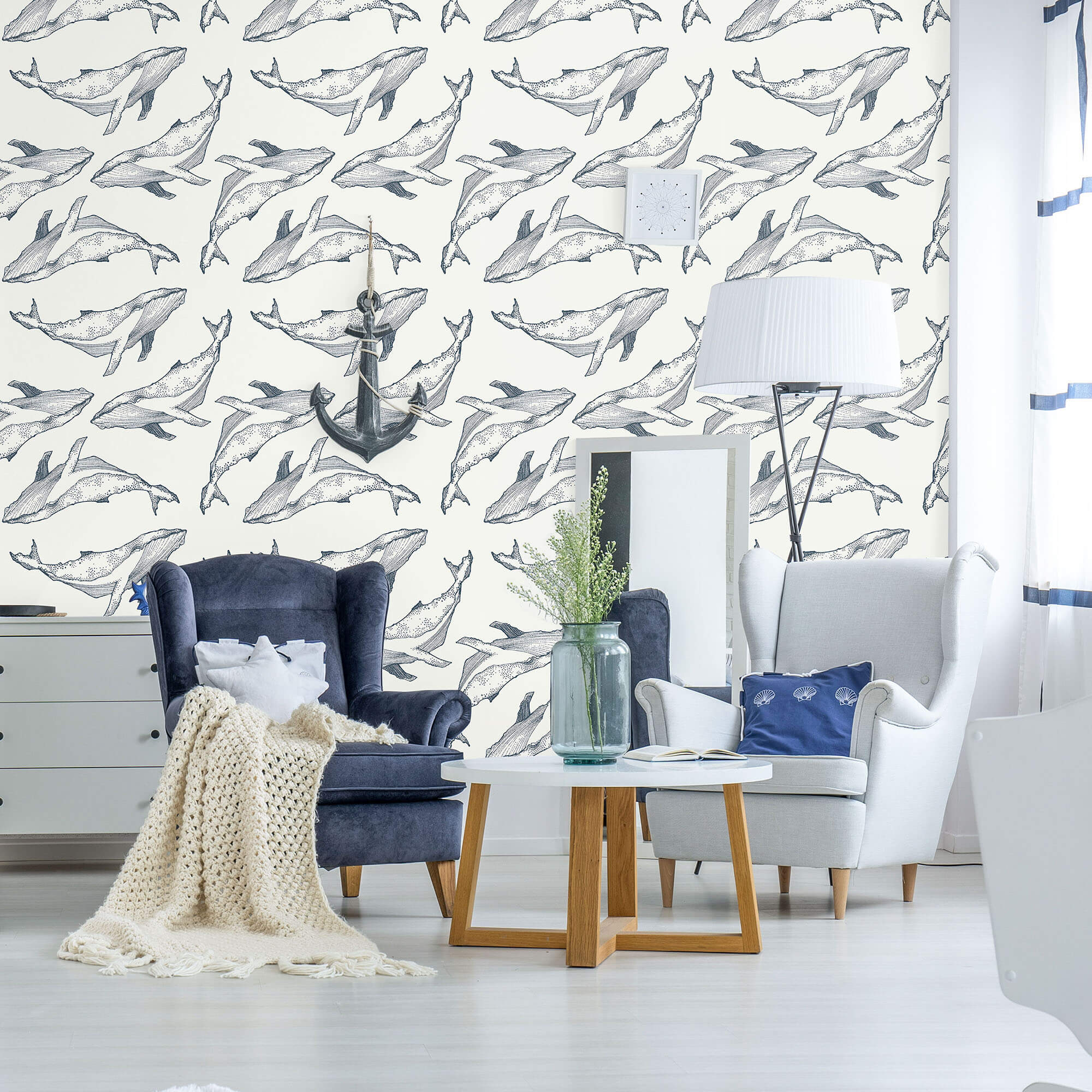 Navy Blue Fish Nautical Peel and Stick Removable Wallpaper - Self-Adhesive Waterproof Wall Decal for Bathroom, Nursery, Kitchen & Home Decor