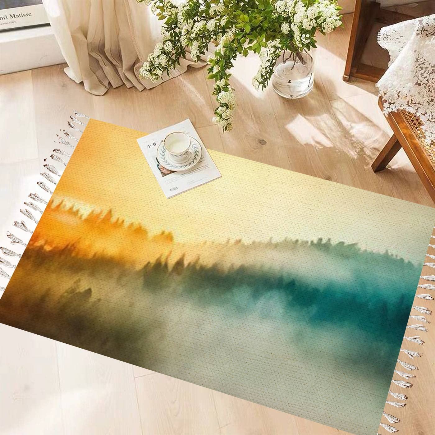 Boho Cotton Linen Tassel Rug - Sunrise Mountain Slope Design, Washable Woven Runner Mat for Kitchen, Bathroom & Outdoor Decor | Vintage Style Area Rug for Boho Chic Home, Living Room, Bedroom