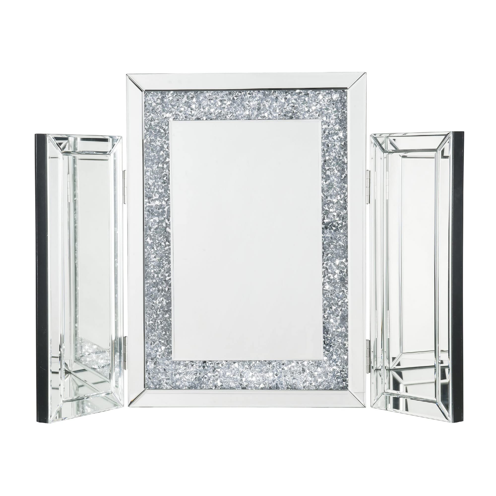Benjara Silver Tri-Fold Mirror Panel with Faux Diamond Accents - Elegant Home Decor for Bedroom, Living Room & Vanity Makeup Area