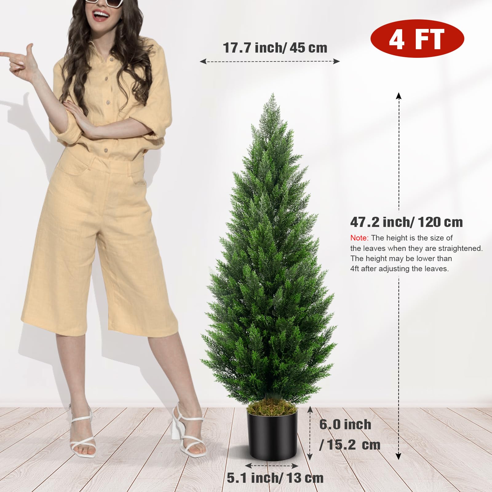 4FT Artificial Christmas Cedar Trees (2 Pack) - LED String Lights & Decorative Balls, Indoor/Outdoor Faux Pine Topiary for Home, Front Door, Living Room, Office & Holiday Decorations