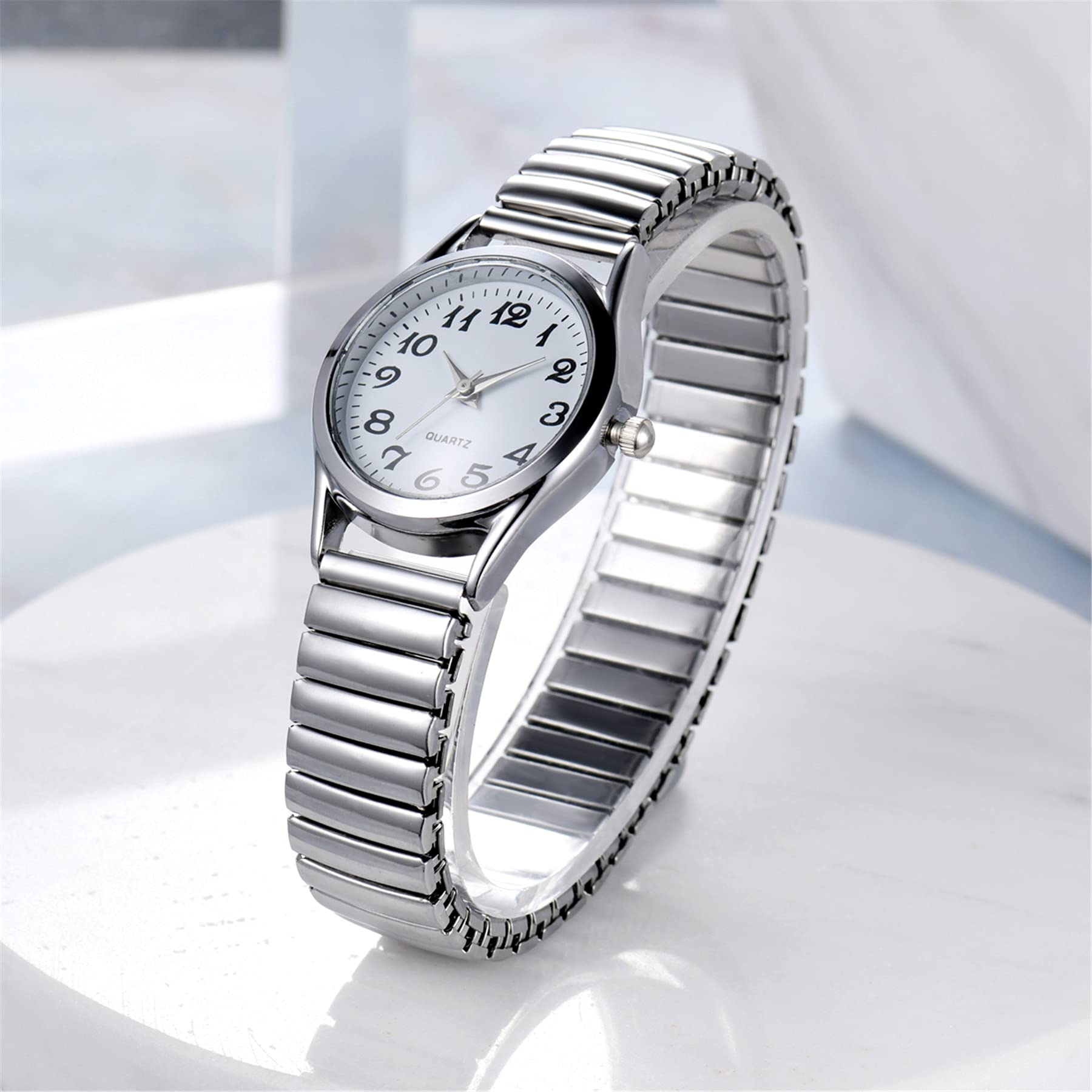 JewelryWe Women's Ultra Thin Easy Reader Watch - Gold & Silver Elastic Stretch Band Watches - Perfect for Work, Casual & Everyday Wear