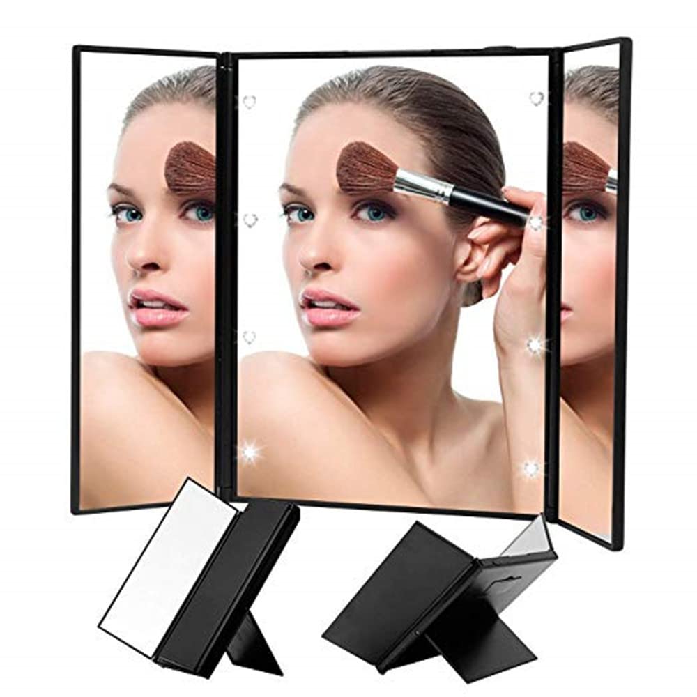 Mpowtech Tri-Folding LED Lighted Travel Makeup Mirror - 8 Adjustable Lights, Compact Handheld Cosmetic Mirror with Stand (Black) | Perfect for Home, Travel & Vanity Use