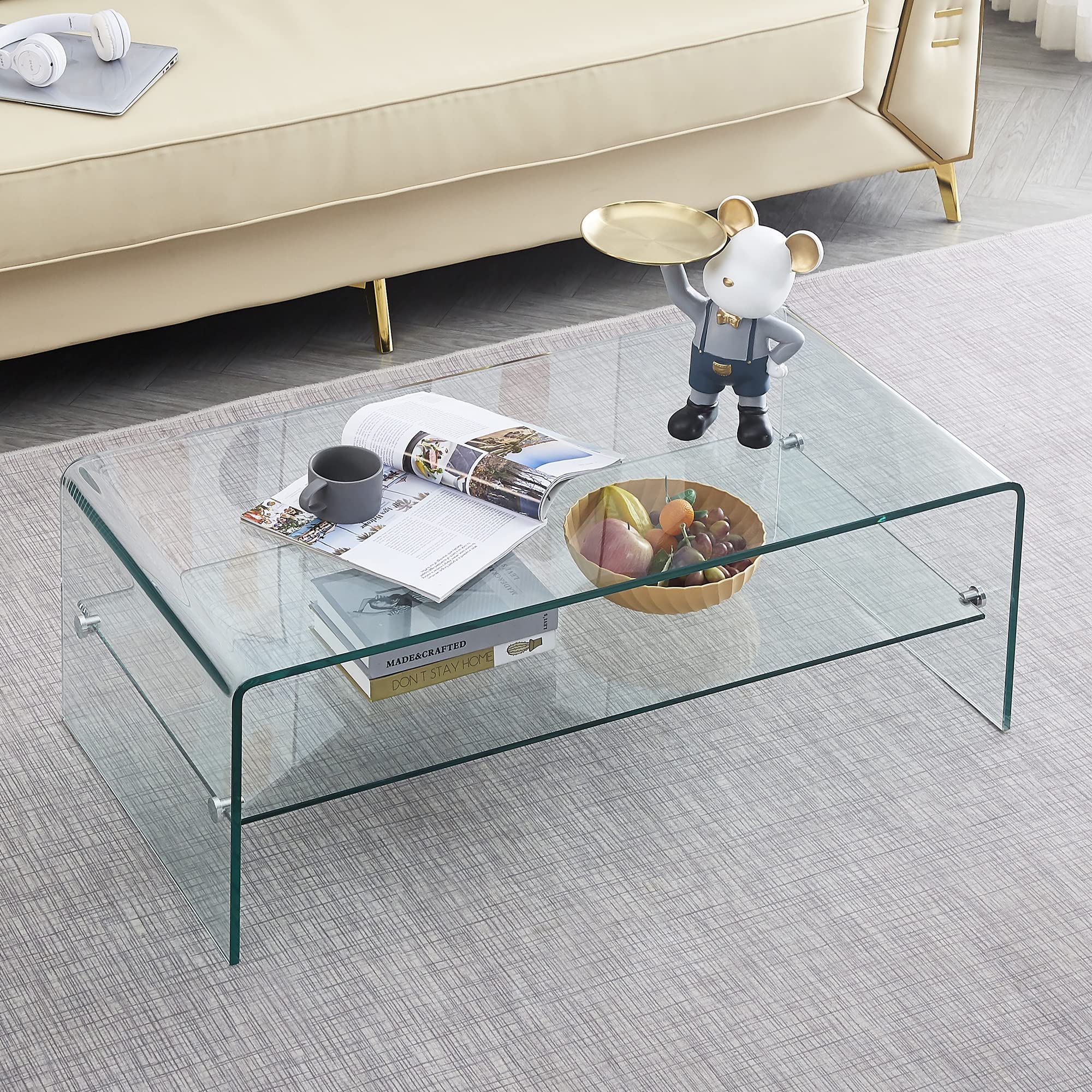 Modern Clear 2-Tier Waterfall Tempered Glass Coffee Table with Storage - 19.7