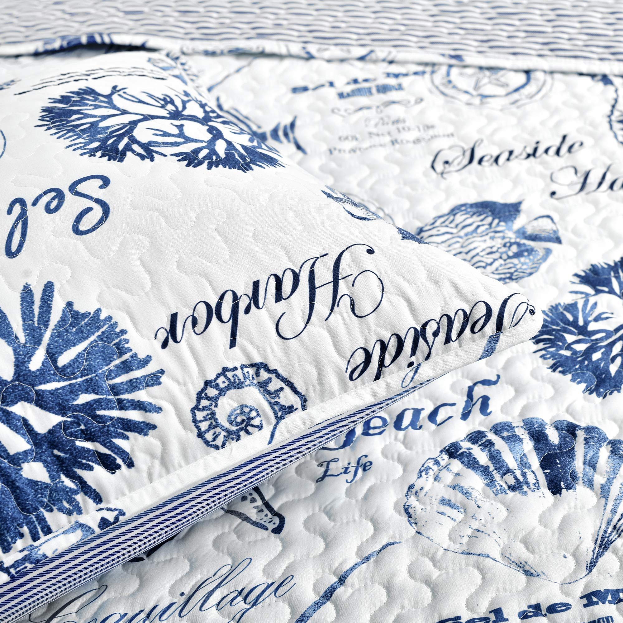 Lush Decor Harbor Life Reversible 7-Piece King Quilt Set - Indigo Striped Nautical Design with Sea Life Print | Coastal Bedroom Decor for Beach Houses, Guest Rooms & Vacation Homes