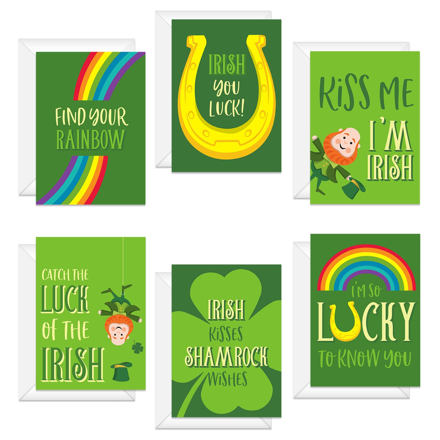 12 Pack St. Patrick's Day Greeting Cards - 5x7 Inch Illustrated Shamrock & Leprechaun Designs with White Envelopes - USA Made for St. Patty's Celebrations, Irish Themed Parties & Lucky Wishes