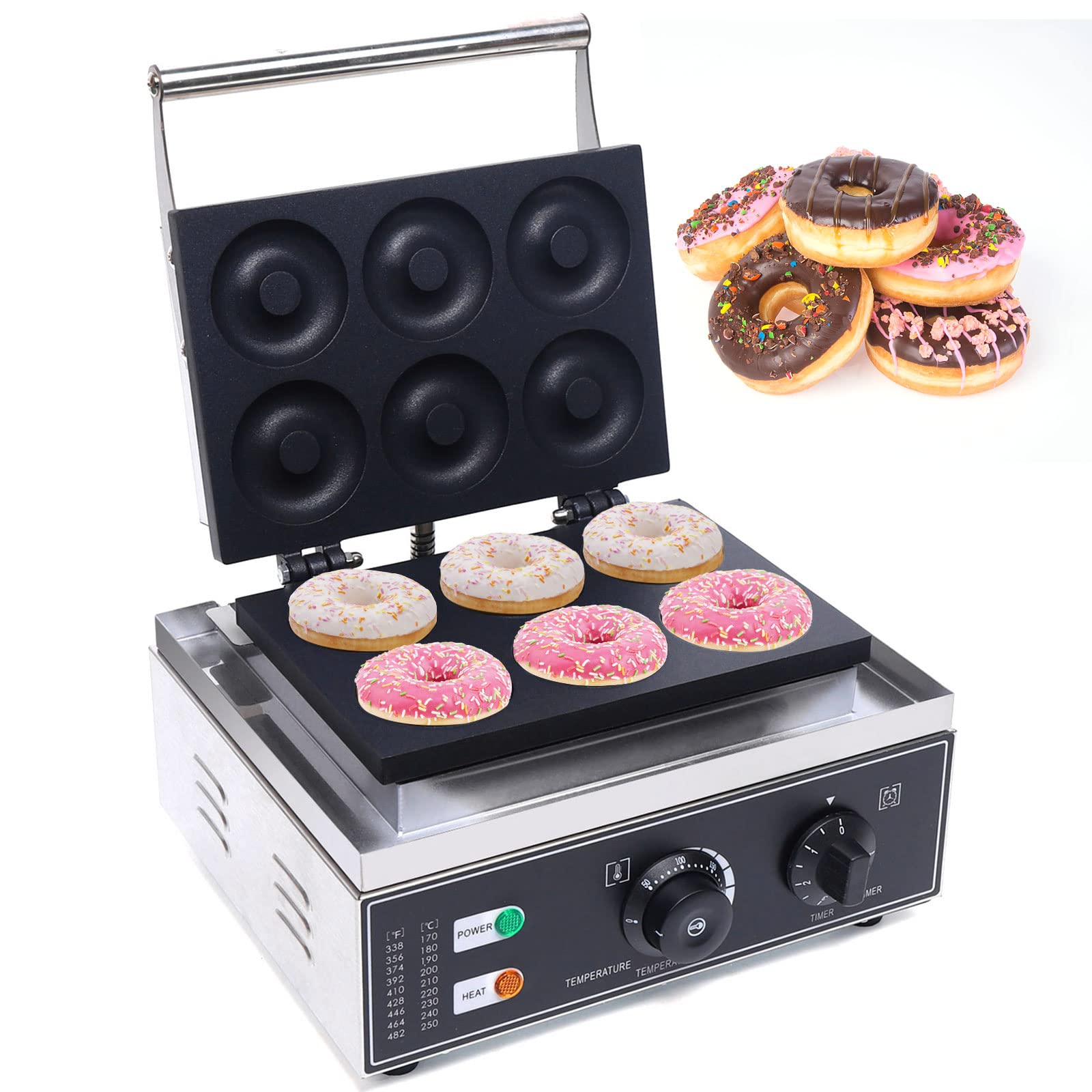 Electric Donut Maker Machine - 6 Hole Nonstick Doughnut Baker with Adjustable Temperature 122-572℉, 110V Commercial & Home Use - Perfect for Restaurants, Cafes, Breakfast Buffets and Family Baking