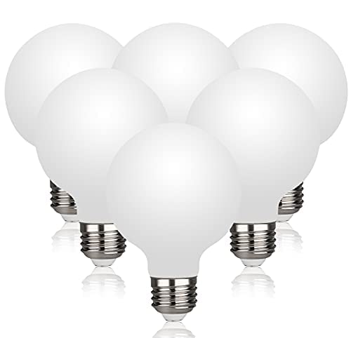 5W G25 LED Filament Light Bulbs - Soft White 2700K, Dimmable 450lm, CRI>90, Milky Glass Finish (E26 Base, 6-Pack) - Perfect for Bedroom Vanity, Makeup Mirror Lighting & Bathroom Fixtures