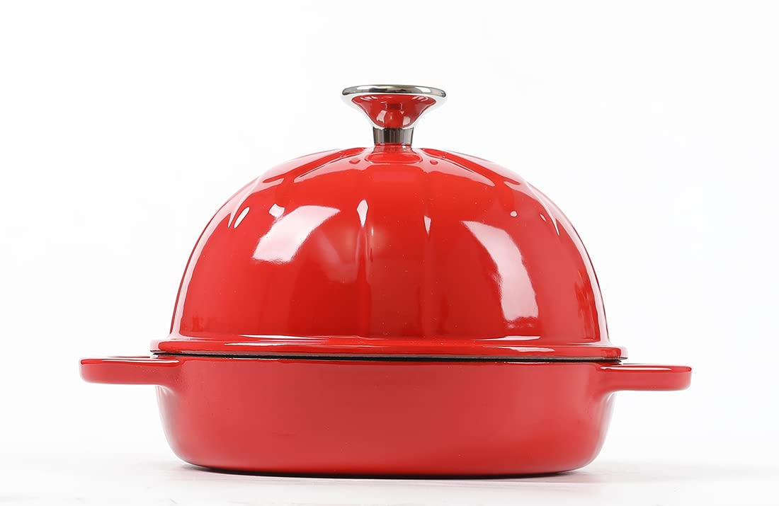 HAWOK 6.3 Inch Enameled Cast Iron Bread Cloche - 16cm Round Sourdough Baking Pan with Lid, Red Dutch Oven for Artisan Bread, Pizza Stone & Homemade Pastries - Perfect for Baking, Serving & Kitchen Decor