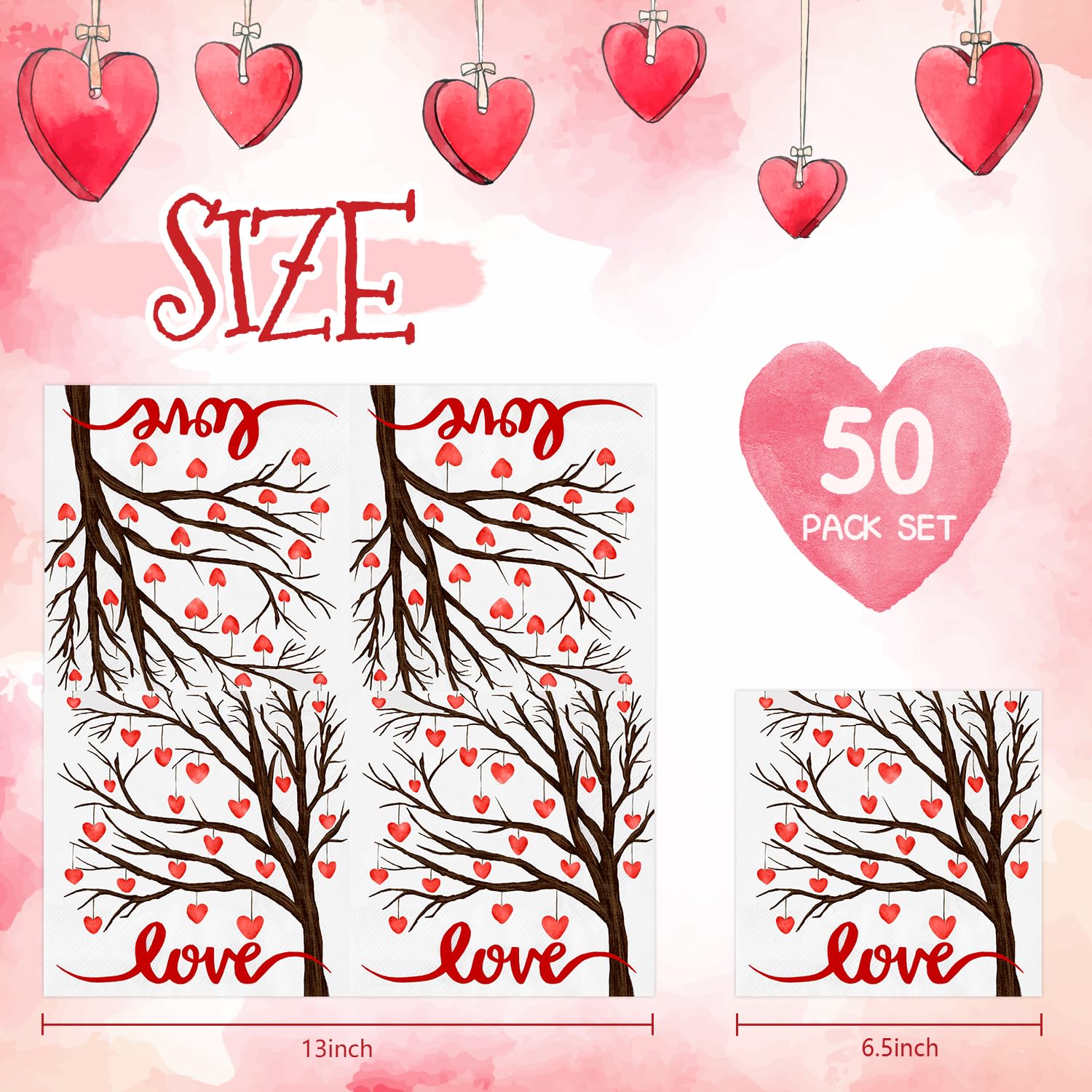 50 Pack Heart Disposable Paper Napkins - Decorative Guest & Beverage Napkins for Valentine's Day, Cocktail Parties, Weddings & Romantic Events - Quera Love Heart Tree Design Party Supplies