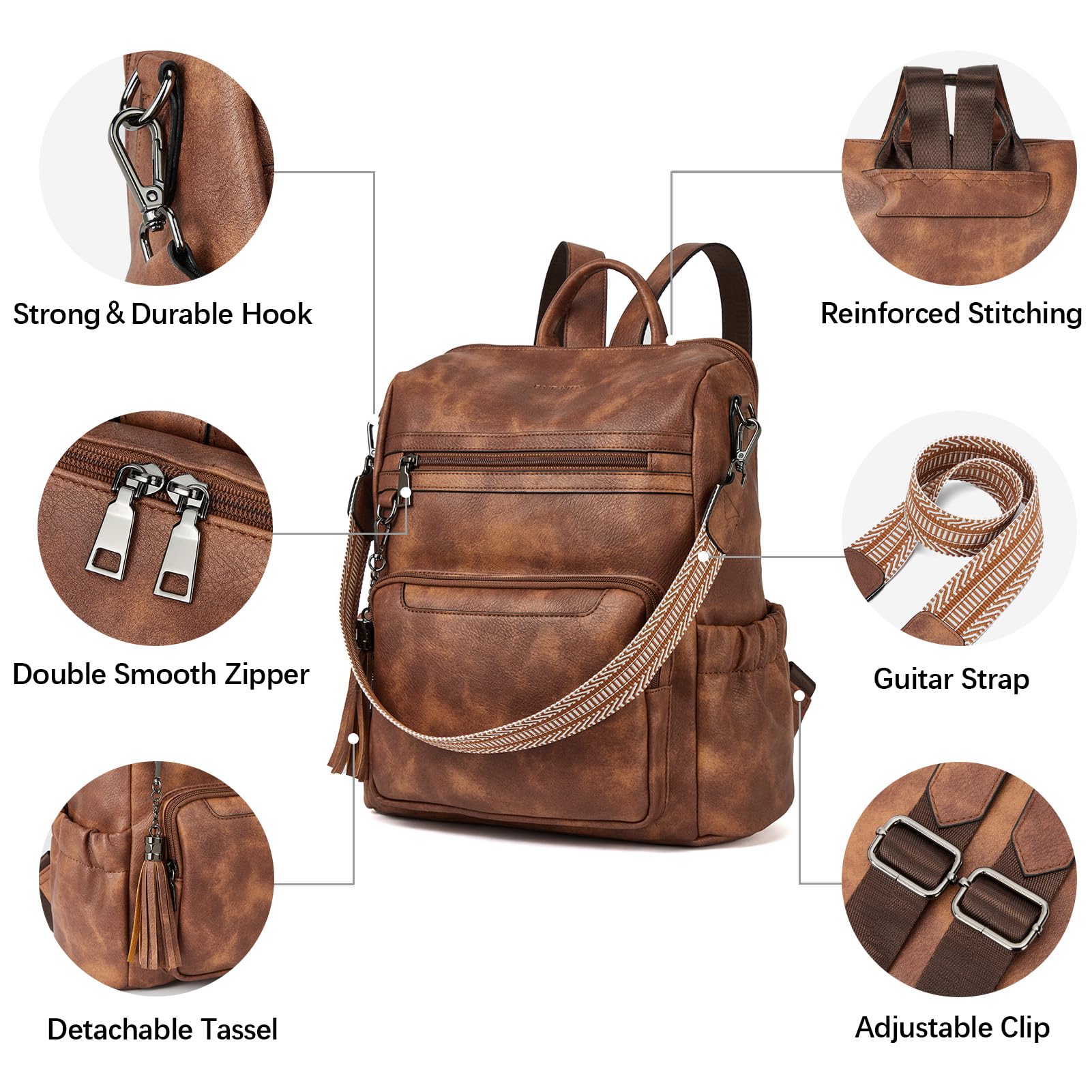 BOSTANTEN Women's Leather Backpack Purse - Stylish Travel Backpack & Shoulder Bag with Wristlet for Work, College, Gym & Weekend Getaways