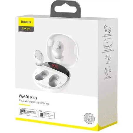 Baseus WM01 PLUS True Wireless Earbuds - White | Bluetooth 5.0 Headphones with 20H Playtime, IPX5 Waterproof, Touch Control | Perfect for Gym, Running, Commuting & Travel