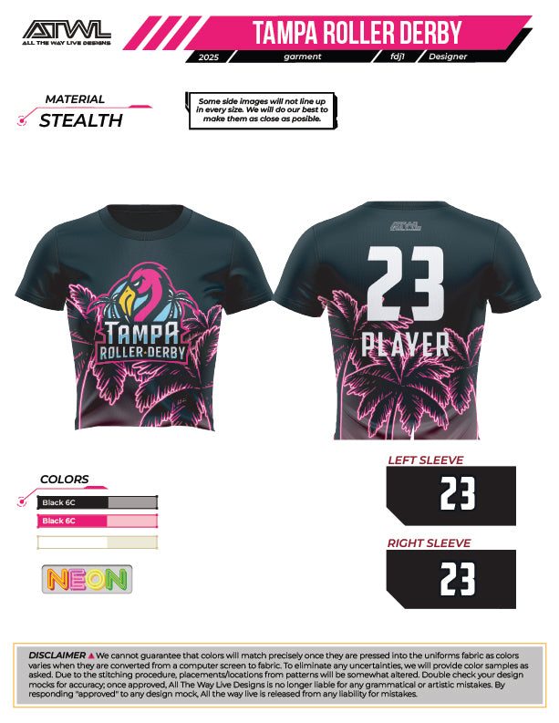 Tampa Bay Roller Derby Women's 3/4 Sleeve Crop Top Jersey - Breathable Athletic Crew Neck Shirt for Skating, Workouts & Sports Performance