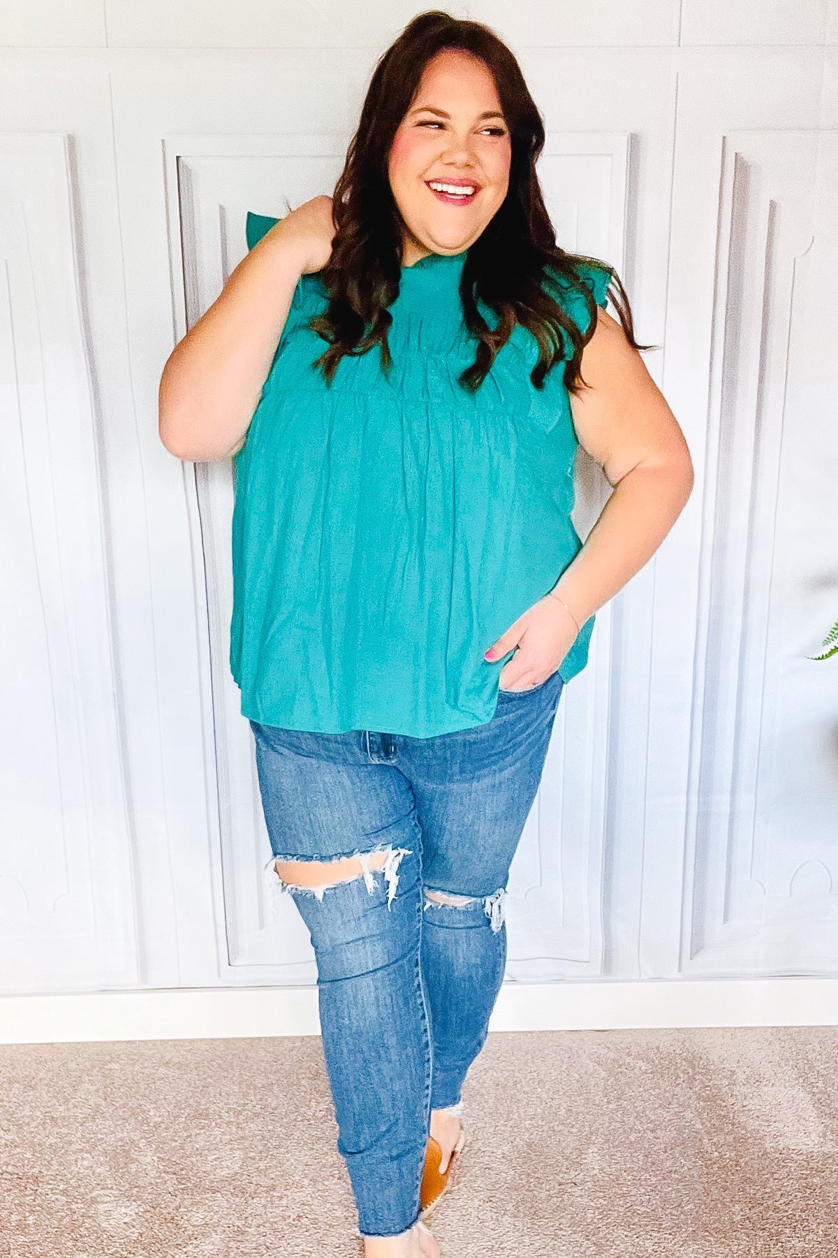 Stylish Turquoise Cotton Mock Neck Flutter Sleeve Blouse with Frill Details - Perfect for Date Nights, Office Wear & Summer Outfits