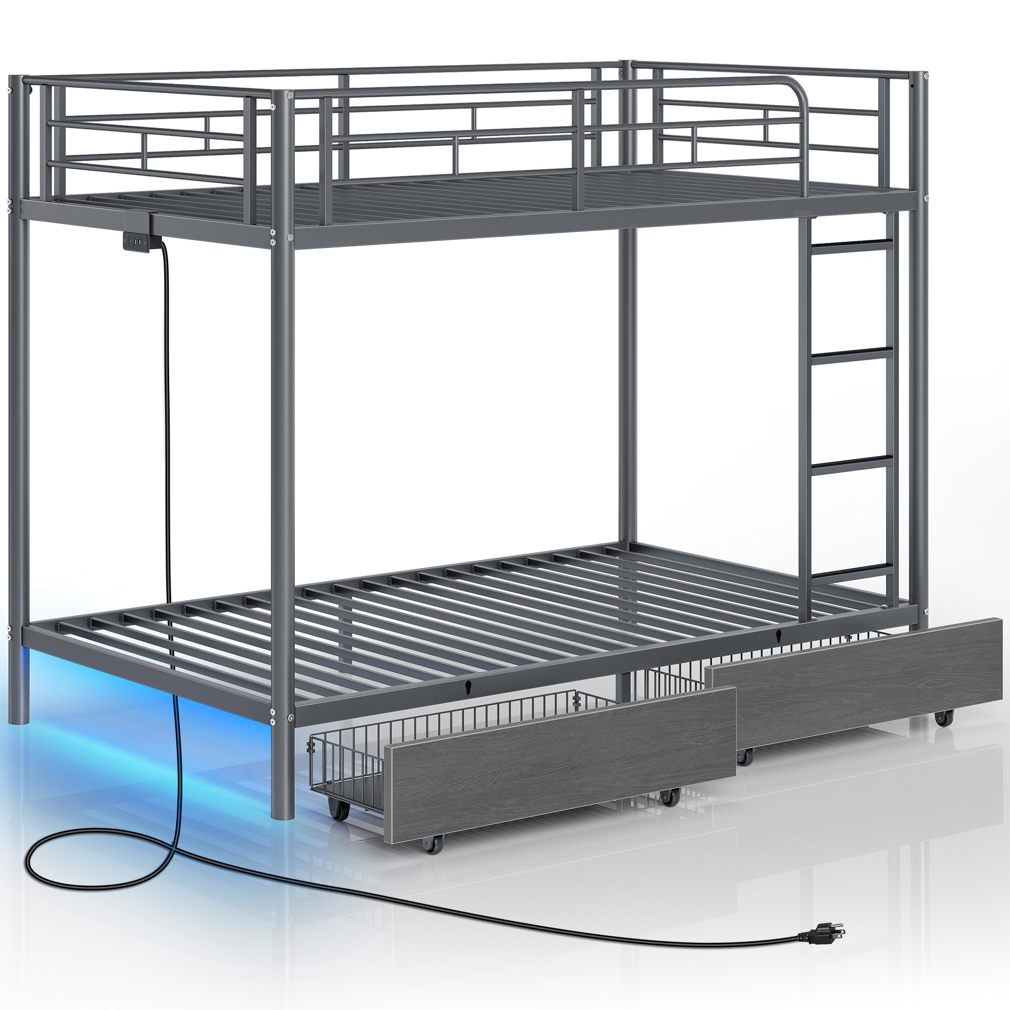 Rolanstar Twin Over Twin Metal Bunk Bed with USB Charging Ports, LED Lights & 2 Storage Drawers - Sturdy Safety Guardrail & Ladders, No Box Spring Required, Easy Assembly, Grey - Perfect for Kids' Bedrooms, Dorm Rooms & Space-Saving Home Solutions