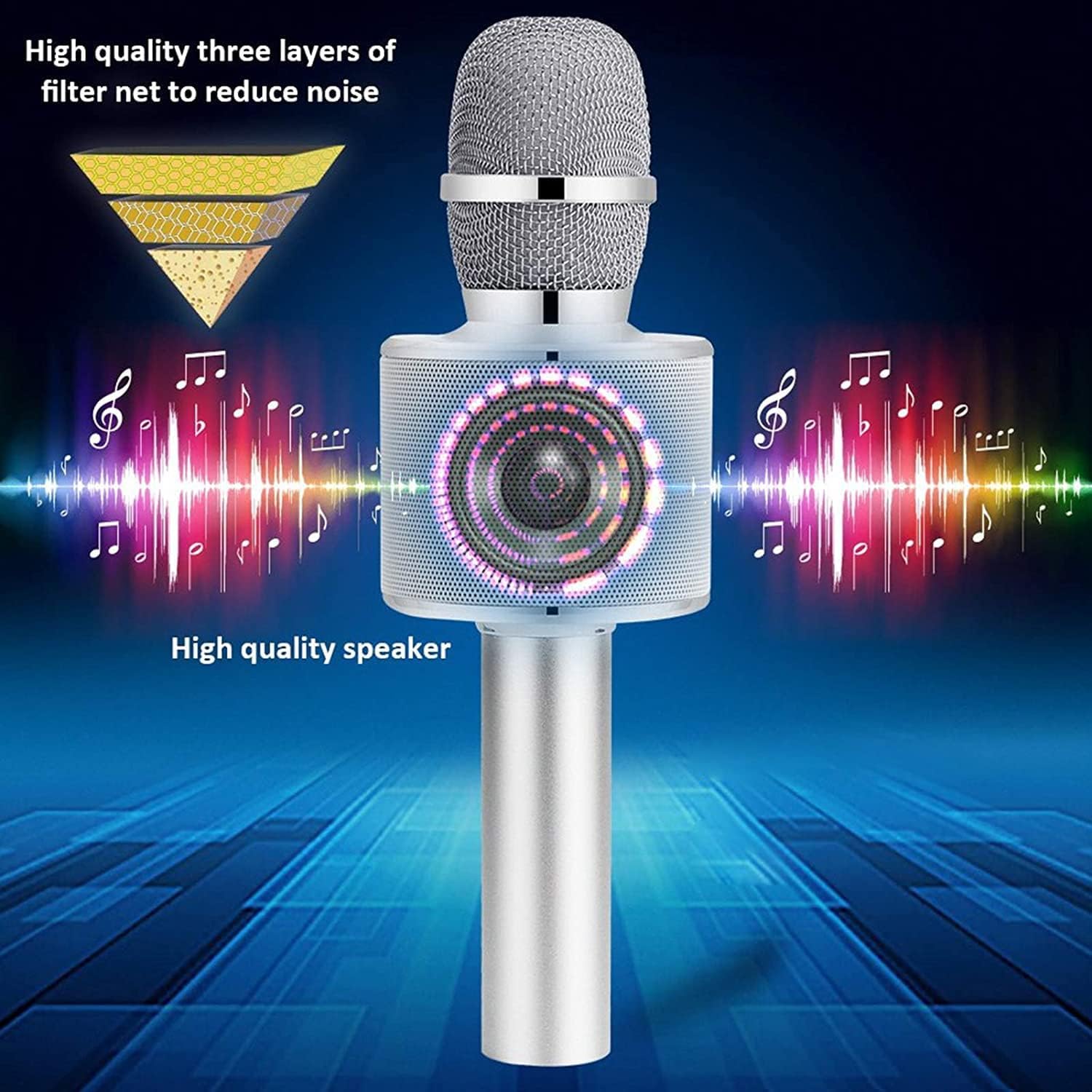 BONAOK Wireless Bluetooth Karaoke Microphone with Speaker - Portable 3-in-1 Handheld Mic for iPhone Android Smartphones, Perfect Gift for Kids Adults (Silver) - Ideal for Home Karaoke, Parties, Travel & Singing Practice
