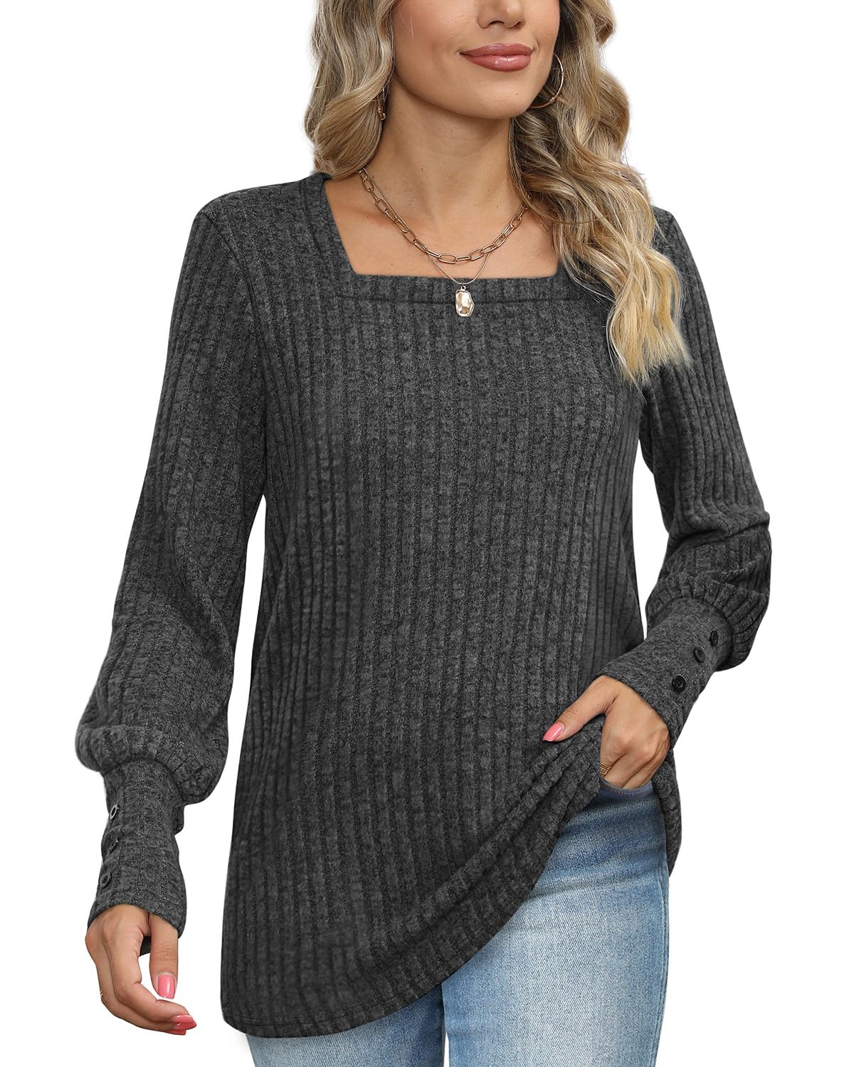 Aokosor Women's Long Sleeve Square Neck Button-Down Tunic Top - Casual Blouse for Work, Date Night & Fall Layering