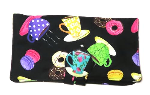 Premium Tea Bag Wallet with 4 Pockets - Handcrafted Quilted English Tea Time Organizer - Features Designer Fabric with Tea Cups, Macarons & Donuts Pattern - Perfect for Afternoon Tea, Travel & Gift Giving
