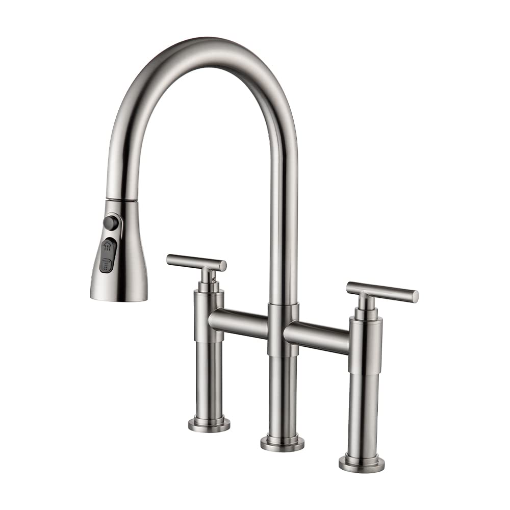 ARRISEA Brushed Nickel Bridge Kitchen Faucet with 3-Mode Pull-Down Sprayer - Fingerprint Resistant, Spot-Free Design for Modern Kitchens (Model BL-BKF-15108BN) | Perfect for Cooking, Washing Dishes & Food Prep
