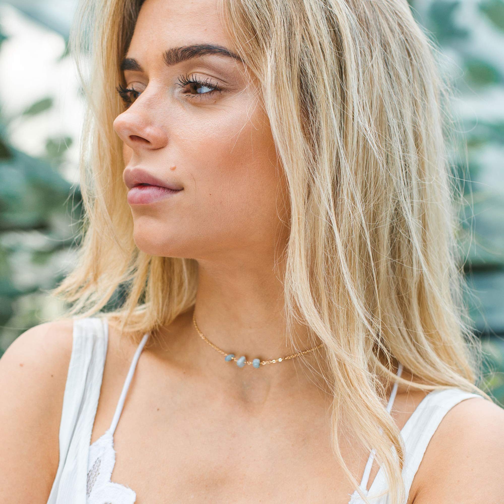 14k Gold Fill Aquamarine Beaded Chain Choker Necklace - Elegant Boho Jewelry for Women, Perfect for Weddings, Parties & Everyday Wear
