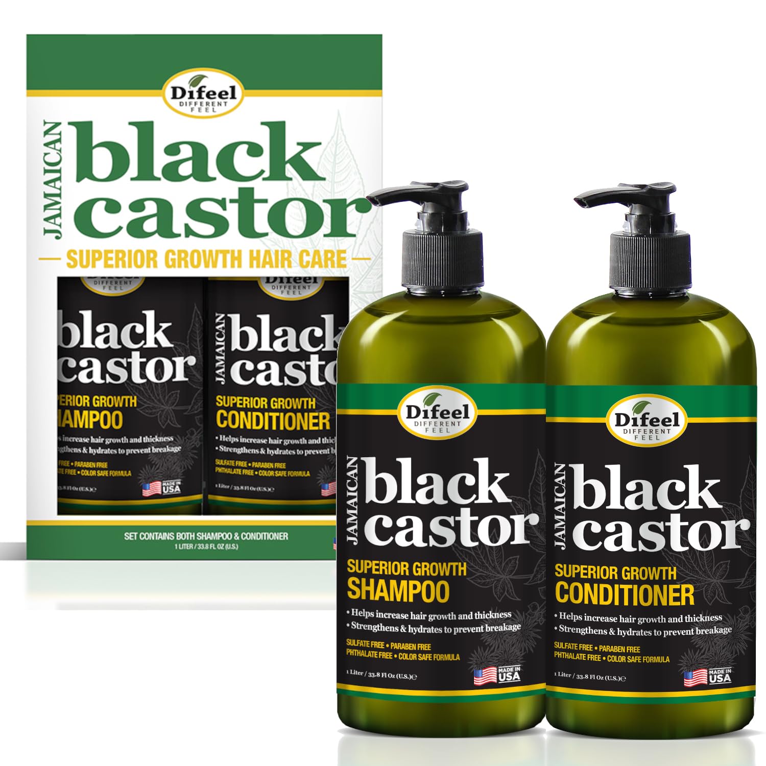 Difeel Jamaican Black Castor Oil Shampoo & Conditioner Set for Hair Growth - Sulfate Free, Paraben Free, 33.8oz Each - Gift Box for Dry, Damaged, Thinning & Frizzy Hair - Perfect for Daily Hair Care & Scalp Nourishment