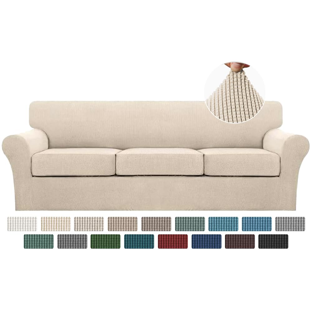 Turquoise 4-Piece Sofa Slipcover Set for 3-Cushion Couch - Washable Pet-Friendly Furniture Protector with 3 Individual Large Cushion Covers in Soft Feature Fabric (XL Size, Biscotti Beige) - Perfect for Living Room, Family Room & Pet Owners