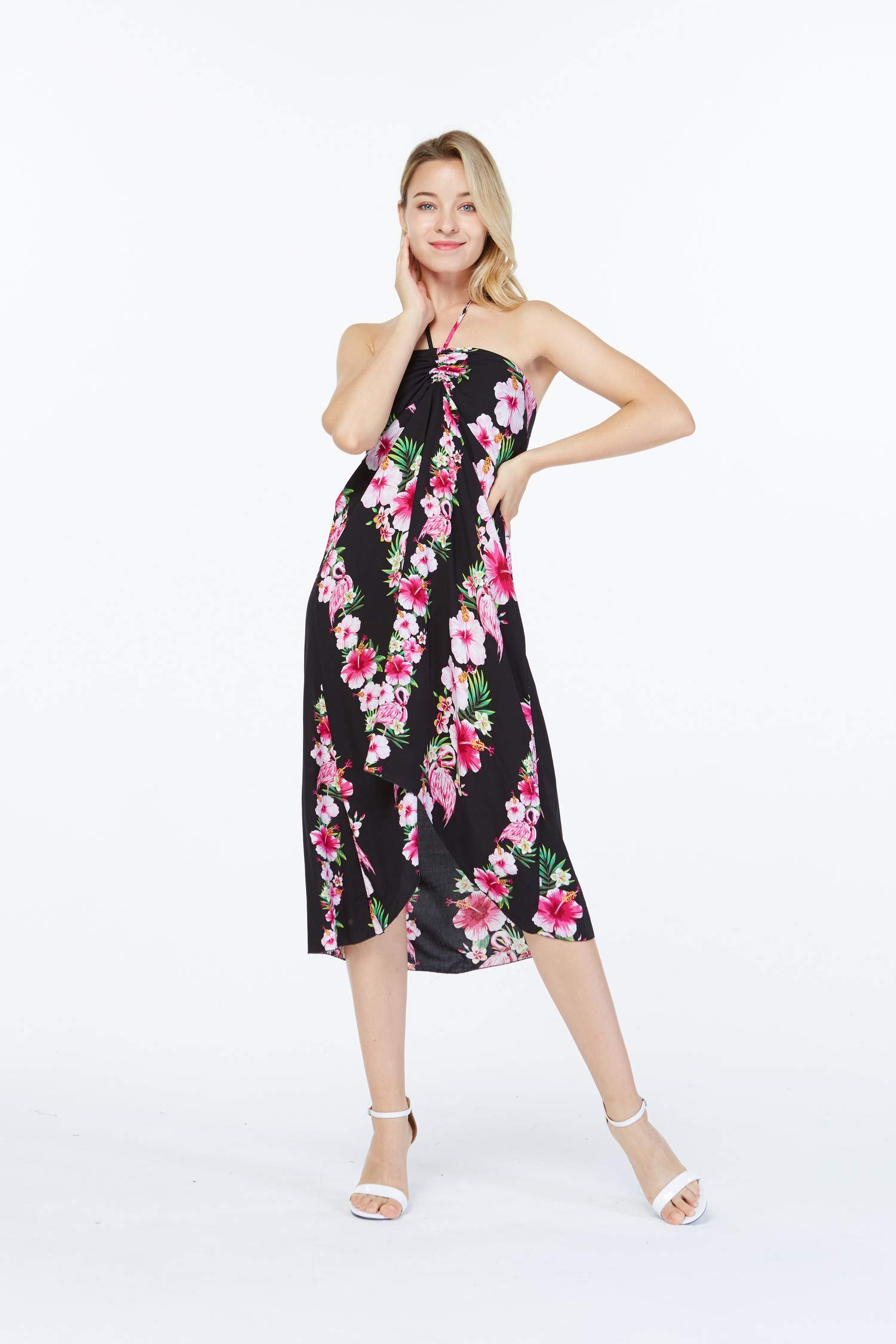 Women's Floral Print Halter Dress - Hawaiian Luau Summer Beach Party Outfit for Vacation, Tropical Getaway & Casual Wear