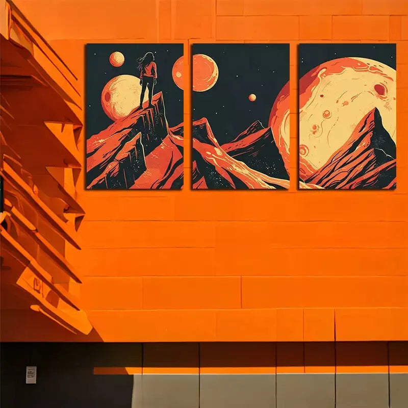3-Piece Framed Canvas Wall Art Set - Woman Over Jagged Mountains Under Planets (50x70cm) | High Quality Print | 100% Australian Made | Ready to Hang | Perfect for Living Room, Bedroom & Office Decor