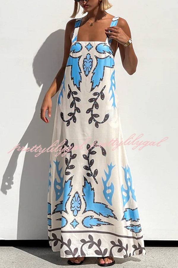 Stylish Square Neck Open Back Lace-Up Flowy Maxi Dress with Unique Print - Perfect for Beach Vacations, Summer Parties & Boho Fashion