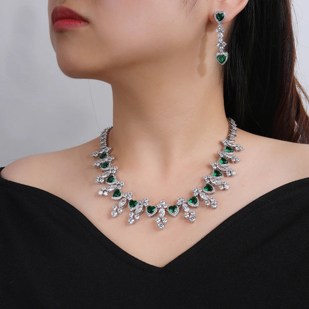 Elegant Multi-Color Cubic Zirconia Heart Necklace & Earrings Set - Wedding, Bridal, Anniversary Jewelry Gift for Her - Perfect for Romantic Dates, Proposals, and Special Occasions
