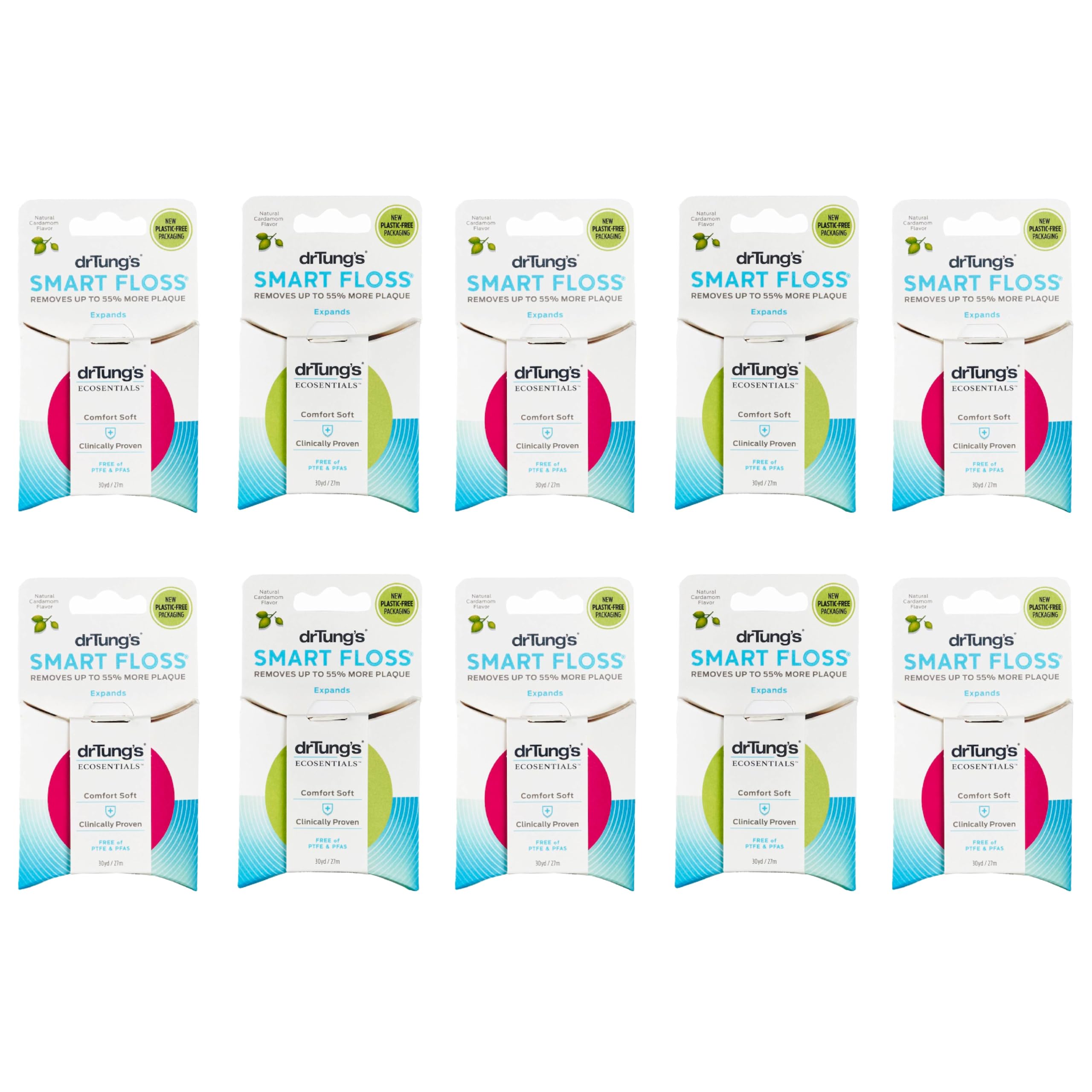 DrTung's Smart Floss - Natural Dental Floss for Sensitive Gums | PTFE & PFAS Free, BPA Free | Expands & Stretches for Better Cleaning | Cardamom Flavor (10 Pack) - Perfect for Travel, Home & Office Use