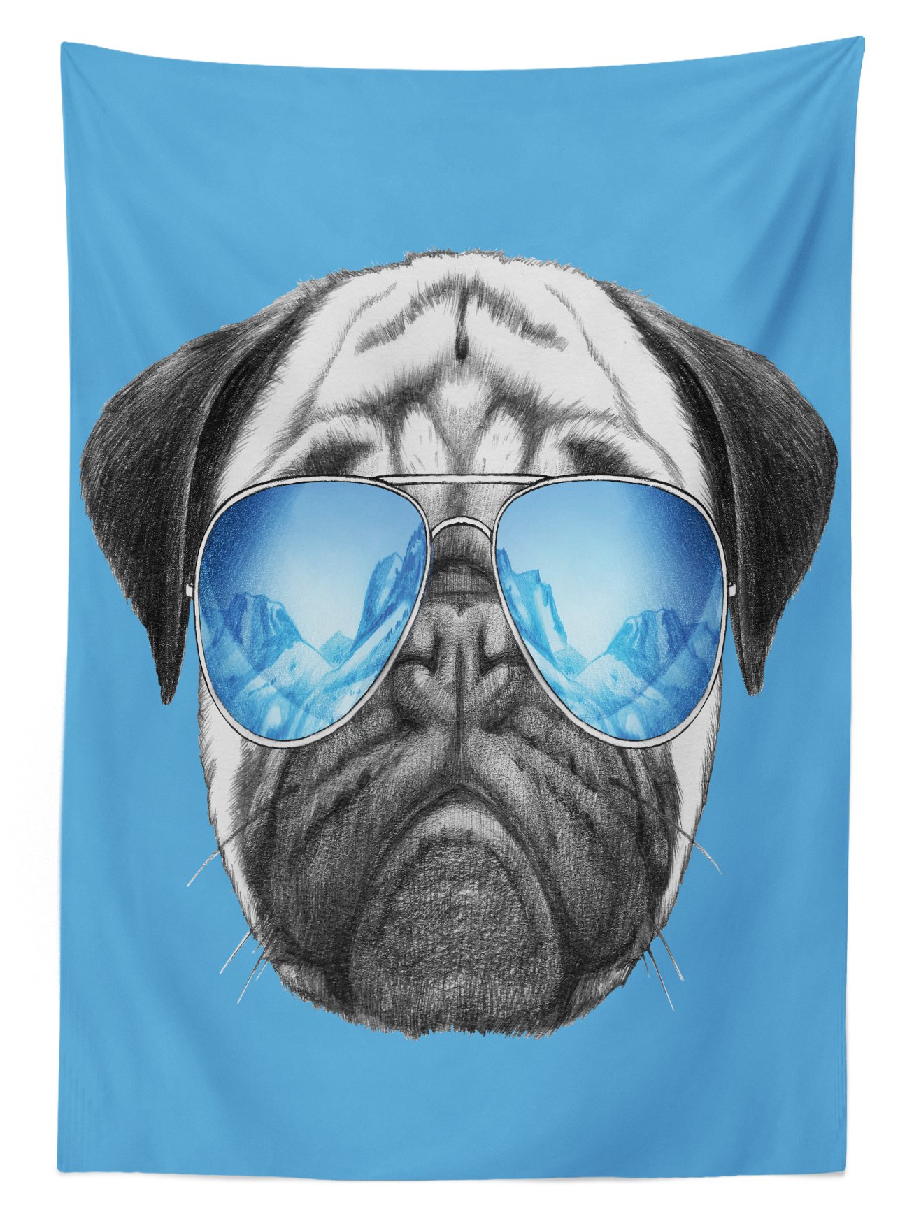 Ambesonne Pug Outdoor Tablecloth - Hand Drawn Pug Portrait with Sunglasses, Funny Pet Animal Design, Washable Picnic Table Cover 58x120 Inches, Pearl Blue Black - Perfect for Backyard BBQs, Picnics, and Outdoor Parties