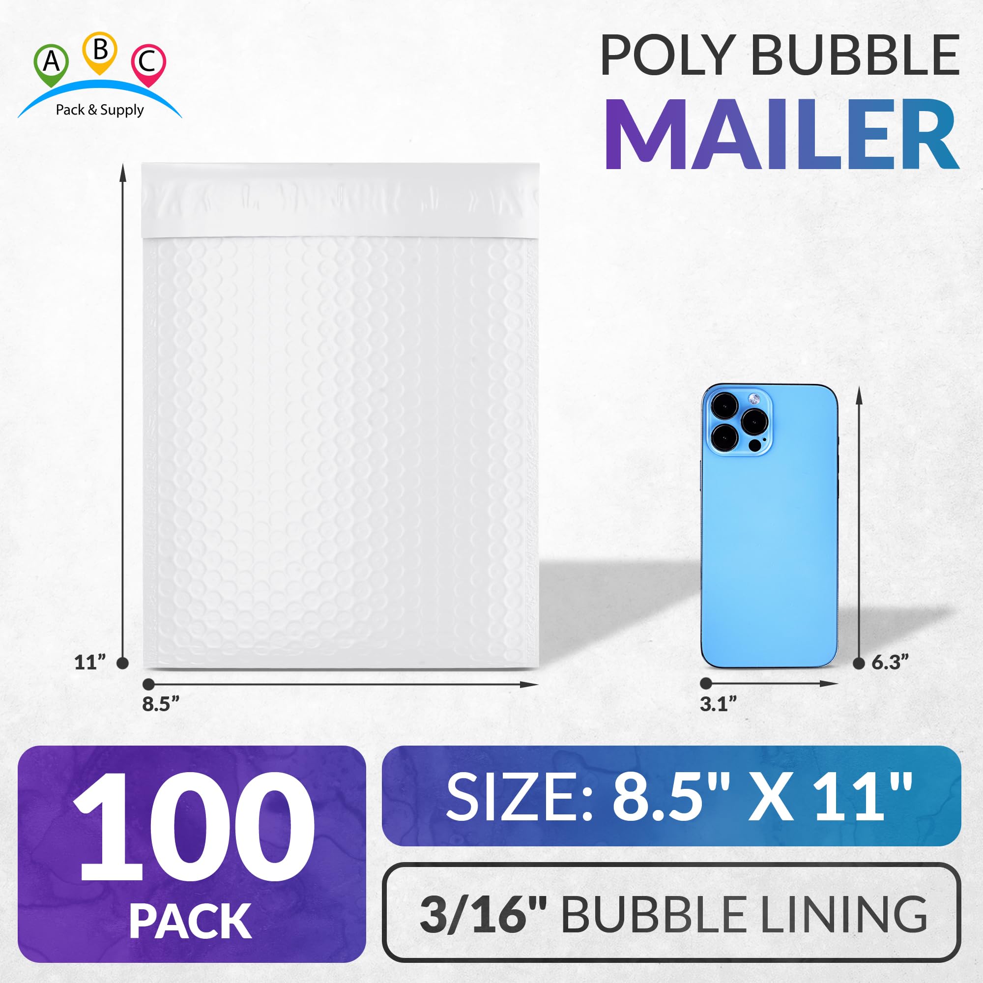 ABC PACK & SUPPLY 8.5x11 Inch White Poly Bubble Mailers - 100 Pack Self-Seal Padded Envelopes with Cushioning Plastic Bubbles | Self-Adhesive Shipping Bags for Small Business, Ecommerce, eBay & Amazon Sellers - Perfect for Shipping Books, Jewelry, Documents & Fragile Items