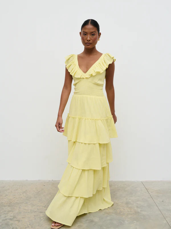 Opal Ruffle Maxi Dress - Women's Flowy Summer Dress in Lemon Yellow | Perfect for Beach Vacations, Weddings & Boho Fashion