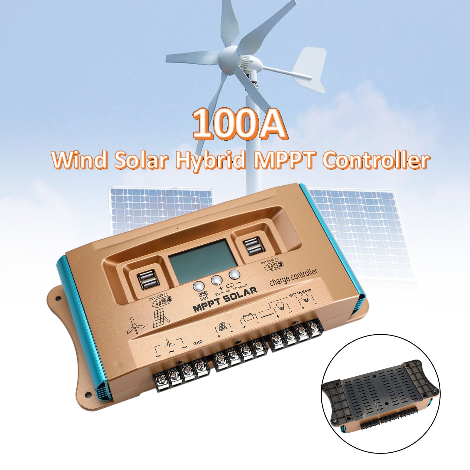 100A MPPT Solar Charge Controller with Dual USB Ports - 12V/24V/36V/48V/60V Auto-Switching for Wind & Solar Hybrid Systems - Perfect for Off-Grid Power, RV, Marine, and Home Backup Applications