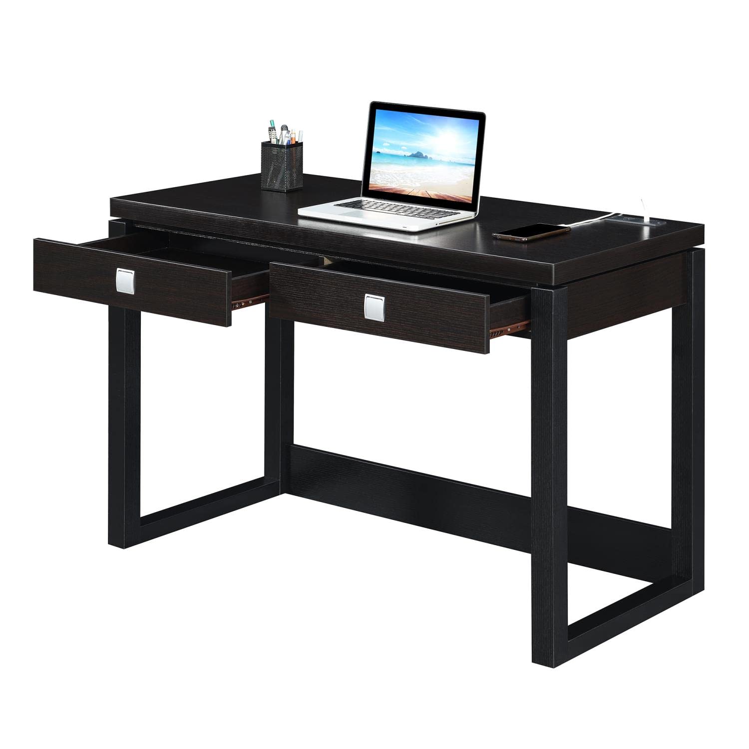 Convenience Concepts Newport 2-Drawer Writing Desk with Built-in USB Charging Station - Espresso/Black Finish - Perfect for Home Office, Study Room & Small Spaces
