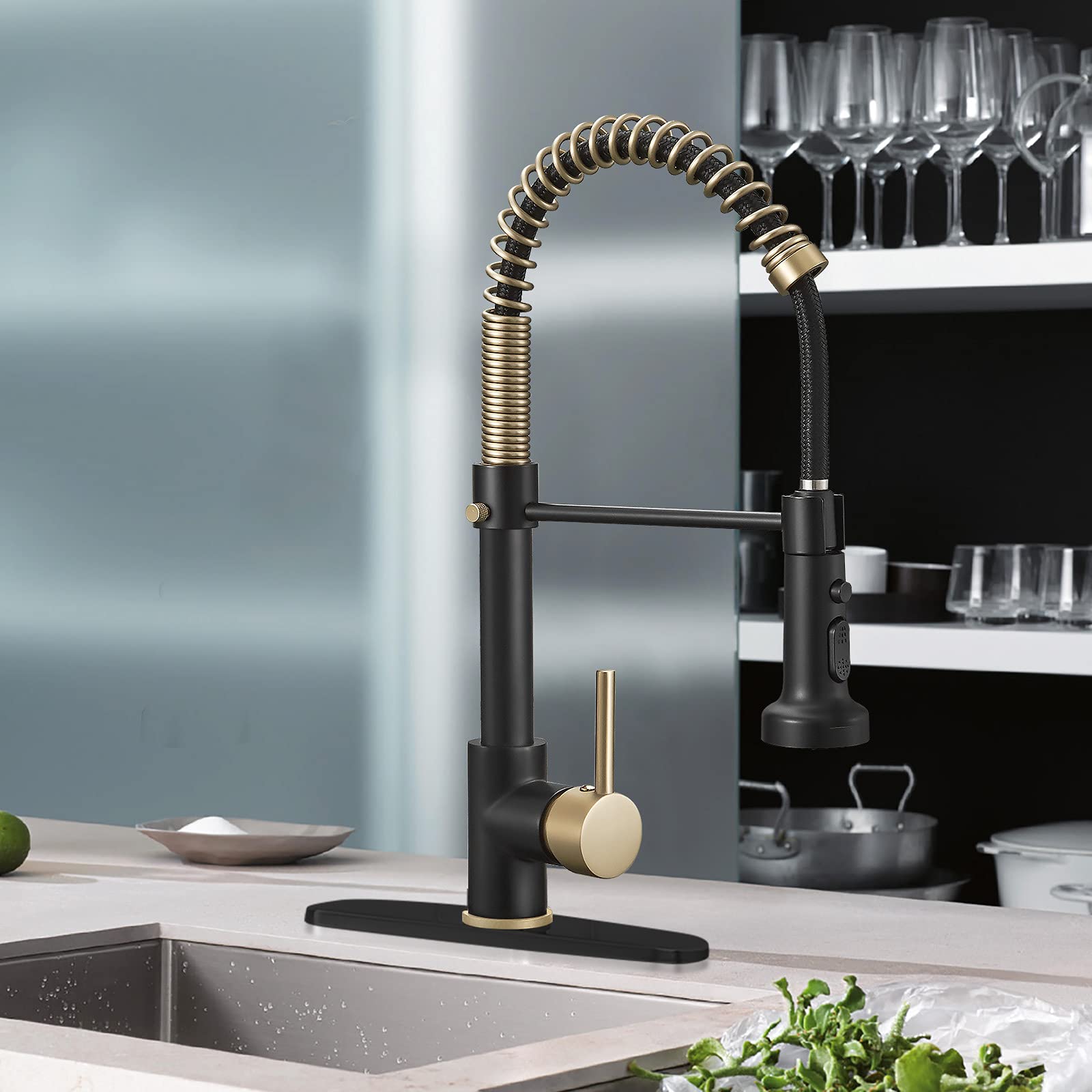Matte Black & Gold Spring Kitchen Faucet with Pull Down Sprayer - for RV & Laundry Sinks