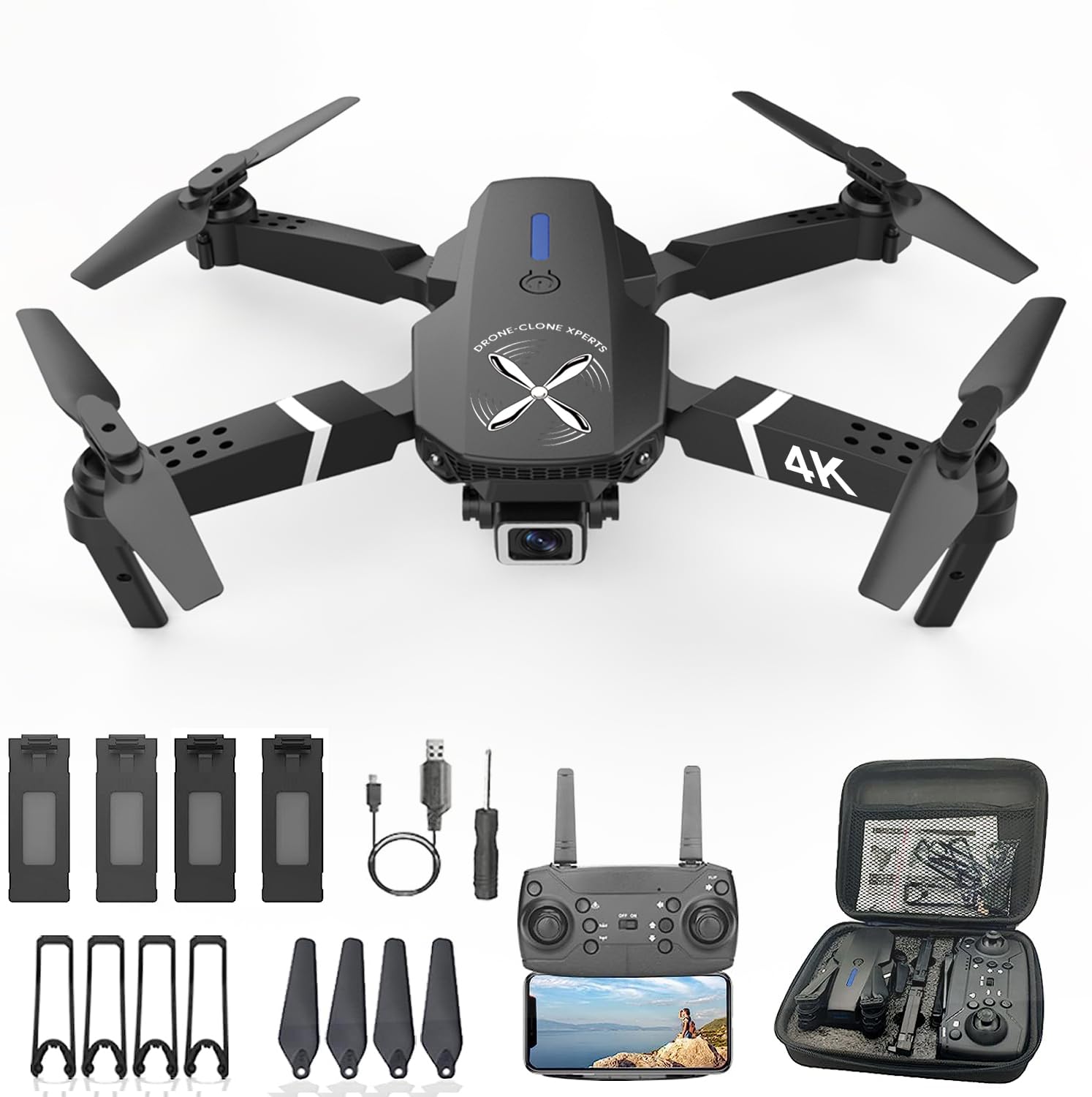 Drone-Clone Xperts Falcon 4K Pro Drone with 4K Camera - Foldable RC Quadcopter for Adults, Beginners & Kids | FPV Video, Follow Mode, One Key Start | Includes 4 Batteries & Carry Case | Perfect for Aerial Photography, Outdoor Adventures & Gift Giving