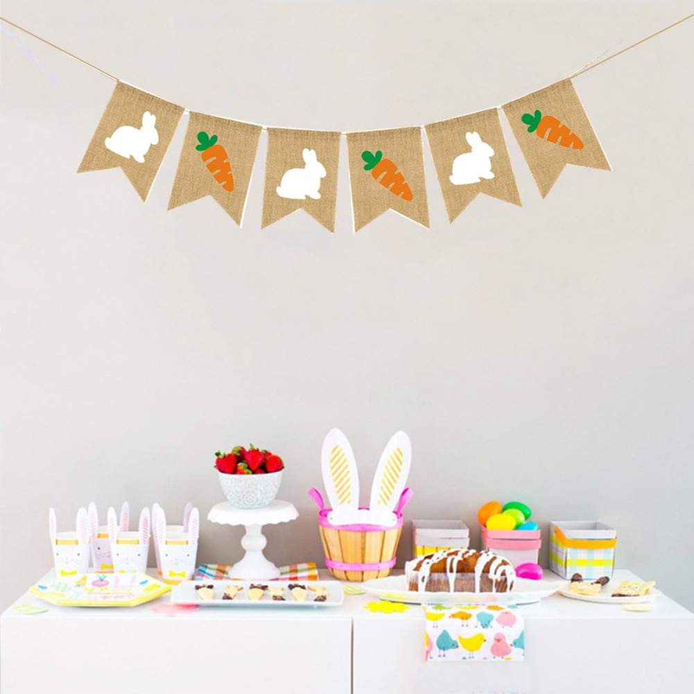 3 PCS Burlap Easter Banner - Rabbit Bunny Garland Happy Easter Bunting for Party Decorations, Spring Home Decor, Easter Egg Hunt & Outdoor Garden Party (Natural Burlap)
