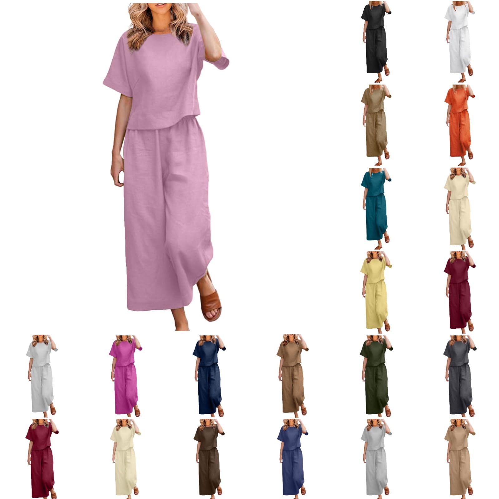 Women's 2-Piece Spring Outfit Set - Linen Crop Top & Wide Leg Palazzo Pants Matching Lounge Suit | Vacation, Beach & Casual Wear