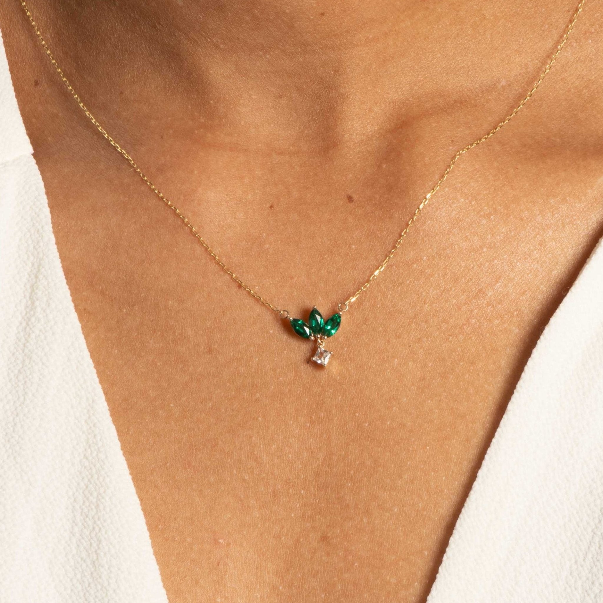 10k Yellow Gold Emerald Marquise & Princess Cut White Sapphire Dangle Necklace - Elegant Floral Pendant for Women, Perfect for Weddings, Anniversaries & Special Occasions