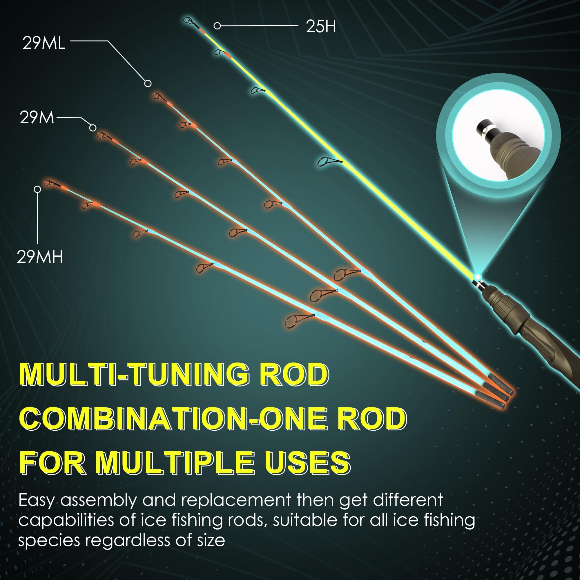 **25/29 Inch Carbon Fiber Ice Fishing Rod with Fluorescent Tip - Medium to Heavy Power, Anti-Tangle Guides - Portable Ice Fishing Pole for Trout, Walleye, Panfish - Perfect for Winter Ice Fishing & Outdoor Adventures**