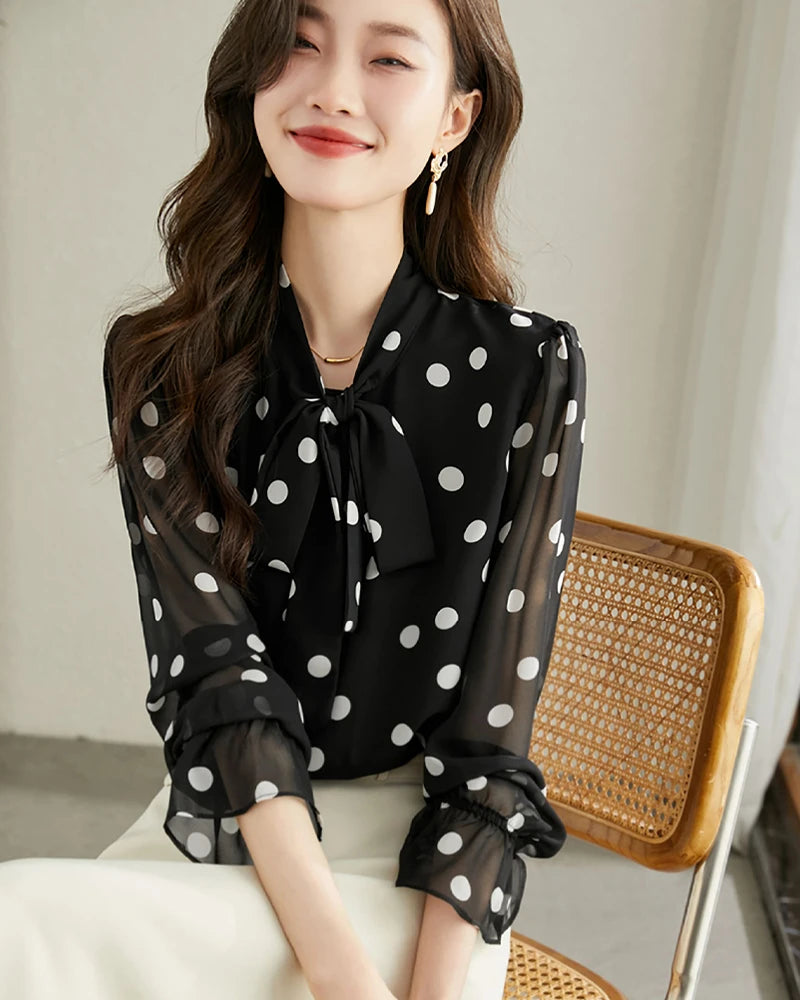 Elegant Polka Dot Silk Blouse with Ruffles - Women's Fashion Blouse for Office, Party & Special Occasions