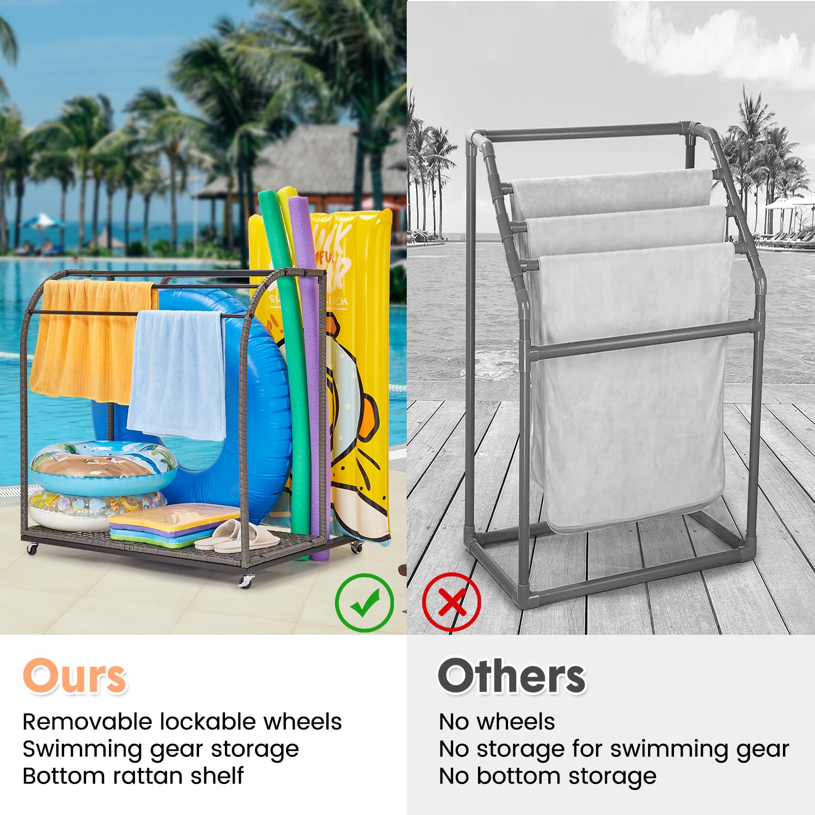 IdealHouse Freestanding Rattan Weaving Poolside Towel Rack - 5-Bar Outdoor/Indoor Storage Organizer for Towels, Pool Floats, Noodles & Swimming Rings - Perfect for Patio, Beach House & Poolside Decor